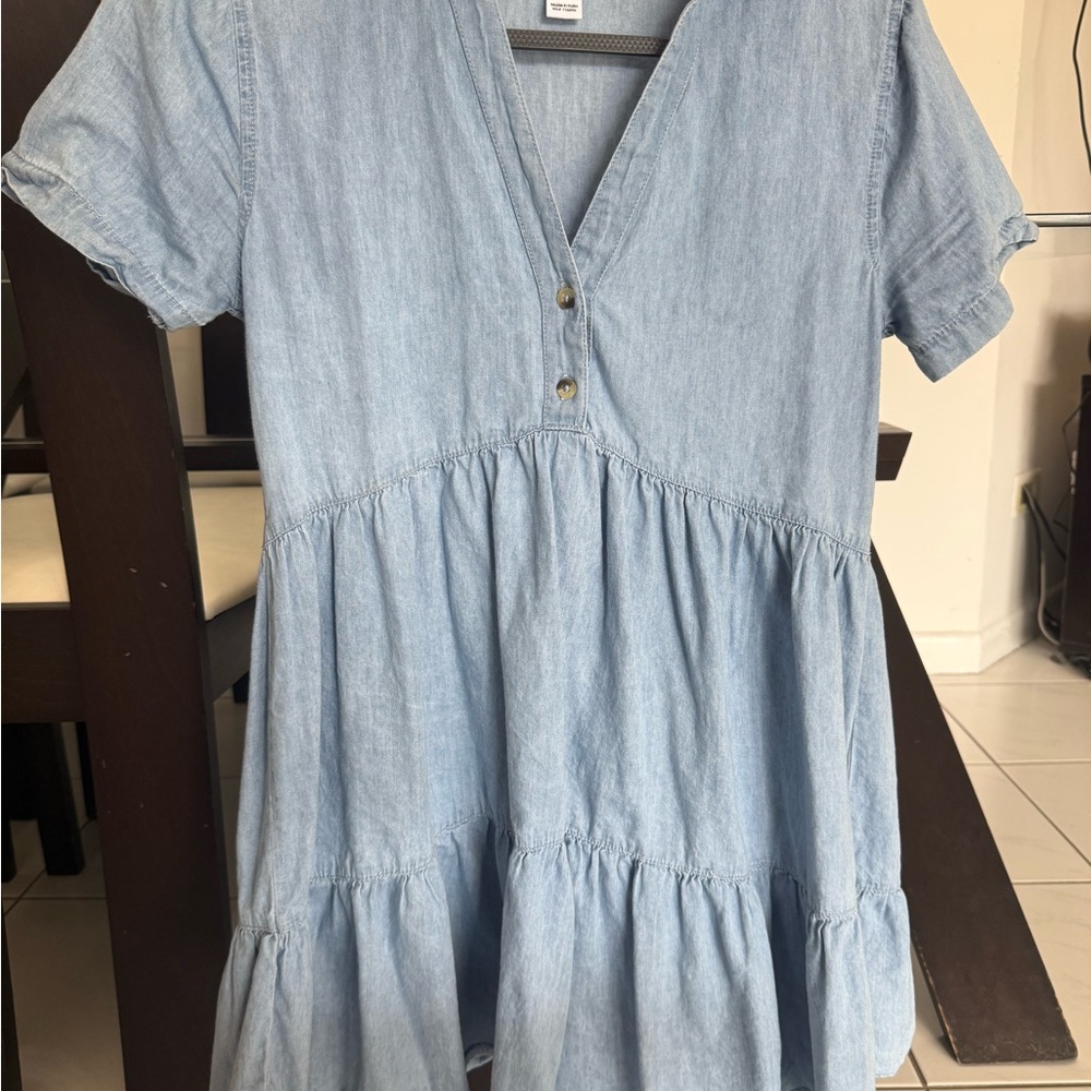 Light Blue Denim V-Neck Tiered Mini Dress